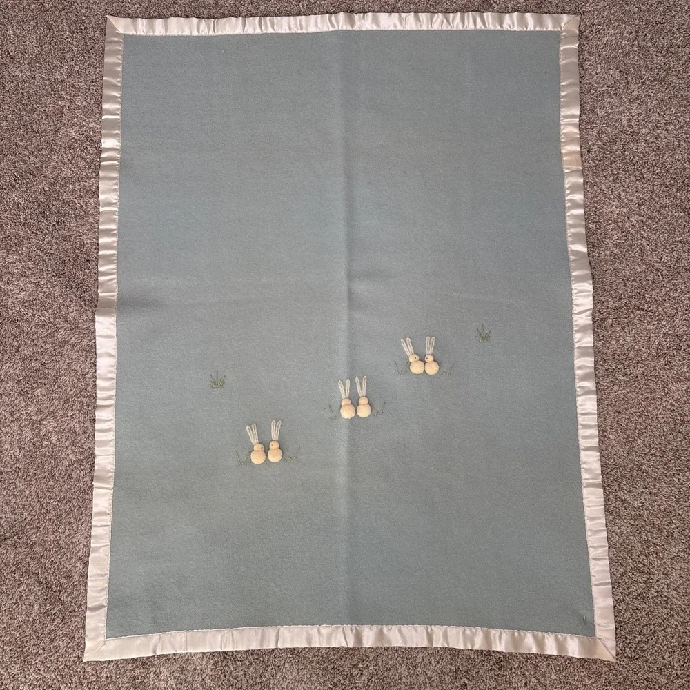 Tidykins Vintage North Star Virgin‎ Wool Baby Infant Crib Blanket Bunnies Green